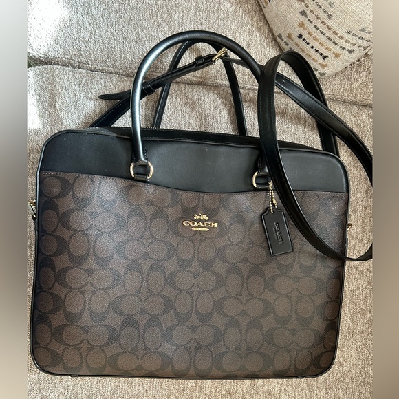 Coach Signature laptop bag with adjustable strap, Brown/Black - Picture 1 of 6